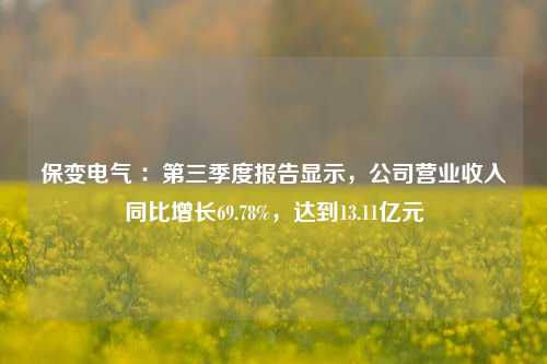 保变电气 ：第三季度报告显示，公司营业收入同比增长69.78%，达到13.11亿元