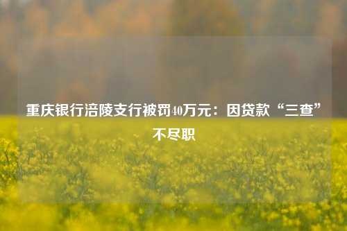 重庆银行涪陵支行被罚40万元：因贷款“三查”不尽职